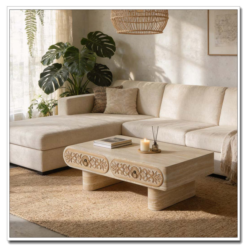 Rounded Edge Coffee Table with Flower Pattern Solid Wood Drawer