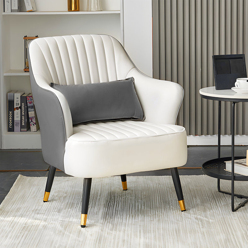 Fauteuil d'appoint en tonneau Raymer avec coussin et dossier moyen pour le bureau à domicile, Similicuir gris / beige