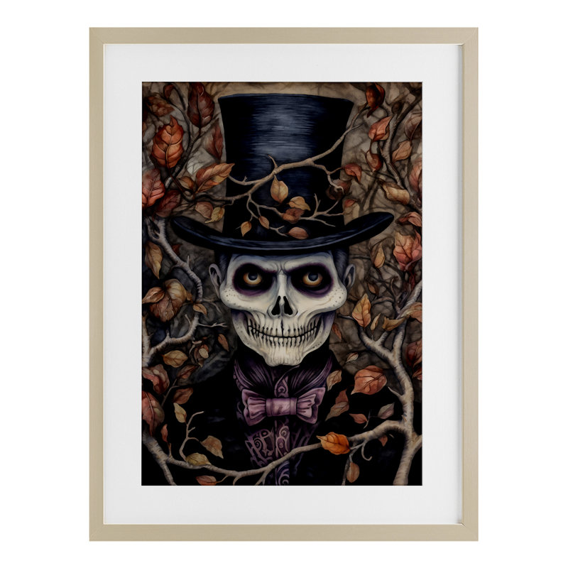 «Spooky Skeleton with Leaves», reproduction encadrée sous verre, conception de The Dutch Lady, Cadre de récolte en pin