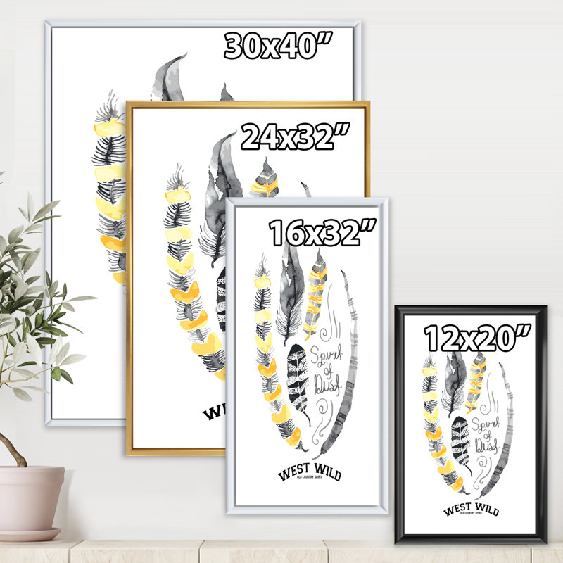 Plumes de plumes jaunes - Impression sur toile, Cadre noir, H 32 po x l 16 po x P 1 po