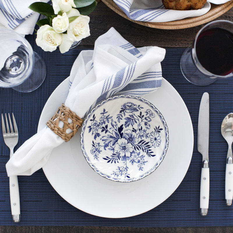 Grasscloth Blue Reversible Vinyl Indoor Outdoor Placemats, Set of 12