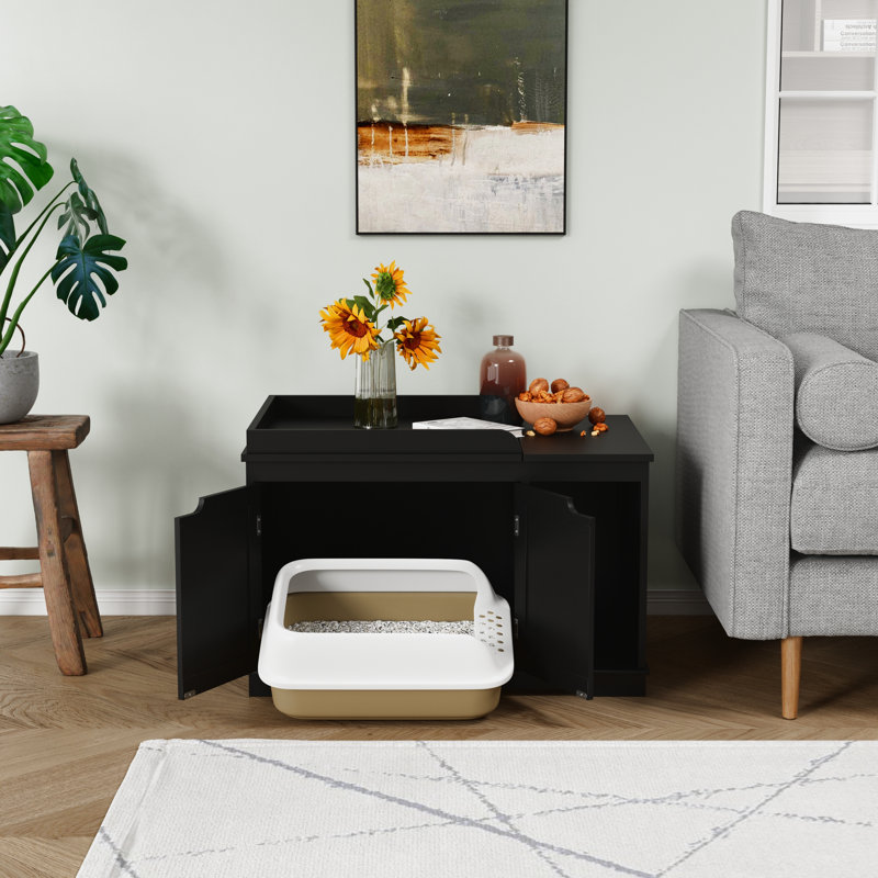 Meuble de litière à couvercle rabattable pour chat, Noir, noir, noir, noir