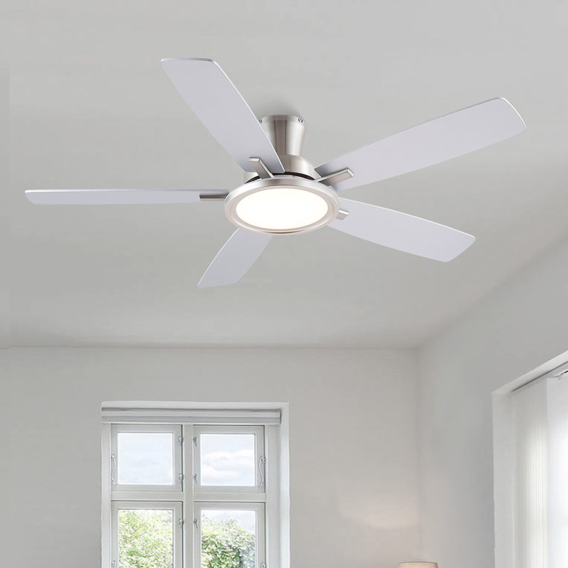 52" Flush Mount Ceiling Fan With Lights And Remote Control, Reversible And 5 Dual-sided Blades, Nickel