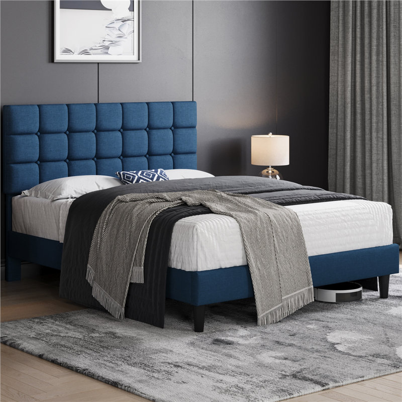 Lit plateforme tapissier Contemporary, Queen, Bleu marine