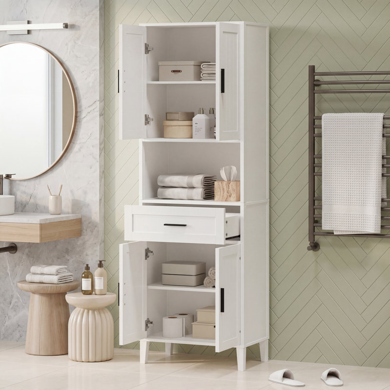 Grande armoire autoportante de 70,9 po de hauteur avec 1 tiroir, 2 armoires, 4 portes à fermeture en douceur, 2 tablettes réglables et rangement ouvert, armoire de rangement polyvalente pour salle de bain