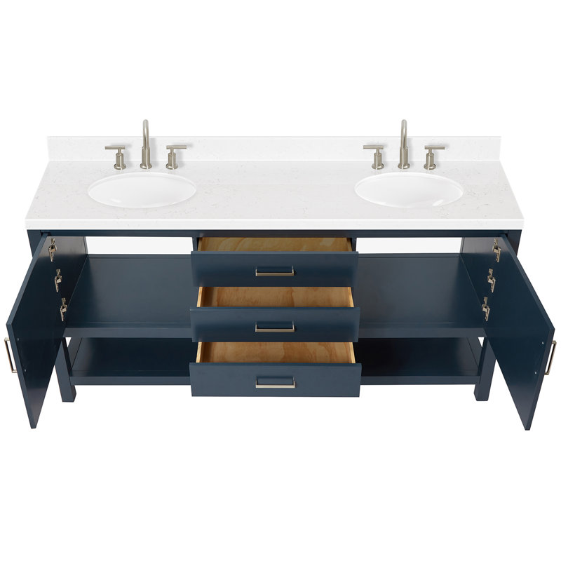 Ensemble de meuble-lavabo double 73 po Abby, Ovale, Bleu minuit, Quartz blanc de Carrare