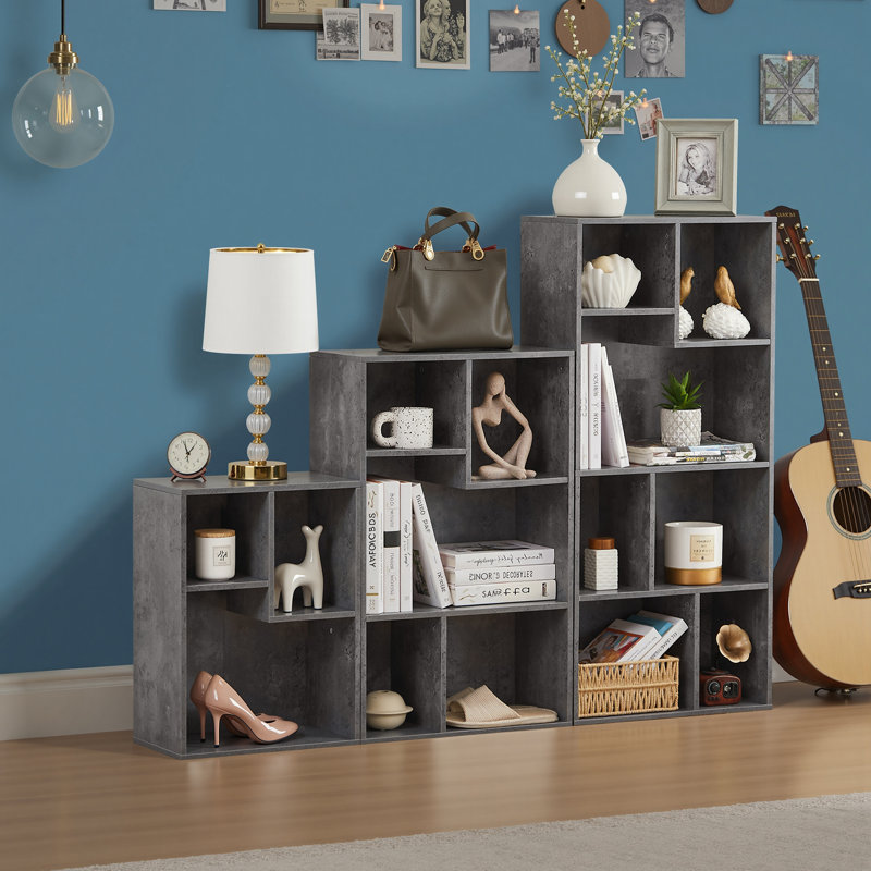 Gray Bookcase Set of 3, 15-Cube Simple Black Bookcase, Small Storage Cabinet with Open Shelves, Gray