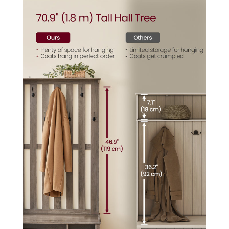 Hall Tree With Bench And Shoe Storage, 7 Double Hooks, Heather Greige