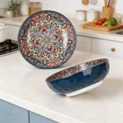 2-Pack Large Porcelain Serving Bowls For Entertaining, Bohemian Style Dishes For Soup, Salad, Pasta, Fruit, And Chips, Durable And Versatile
