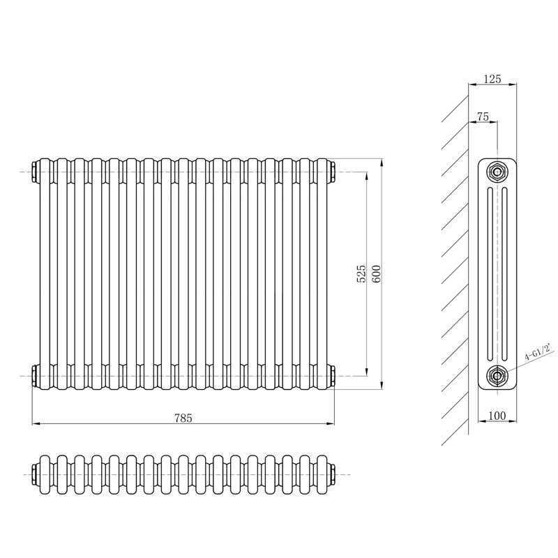 Uxbridge Horizontal Traditional Colosseum Radiator, 600mm H x 785mm W x 130mm D, Grey