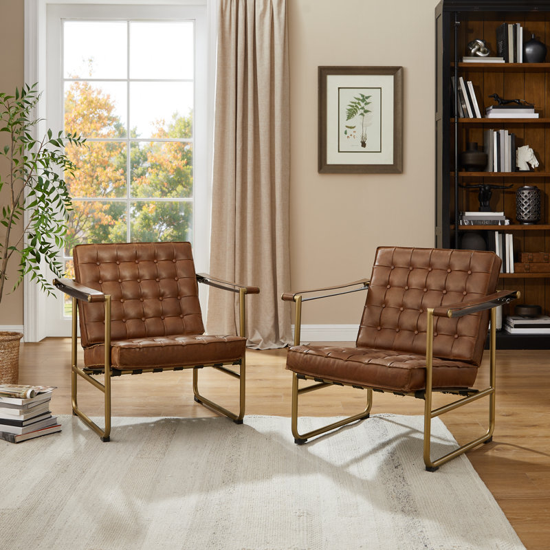 Hunter 32.28'' W Button Tufted Top-Grain Leather Upholstered Accent Armchair (Set of 2), Distressed Brown Genuine Leather