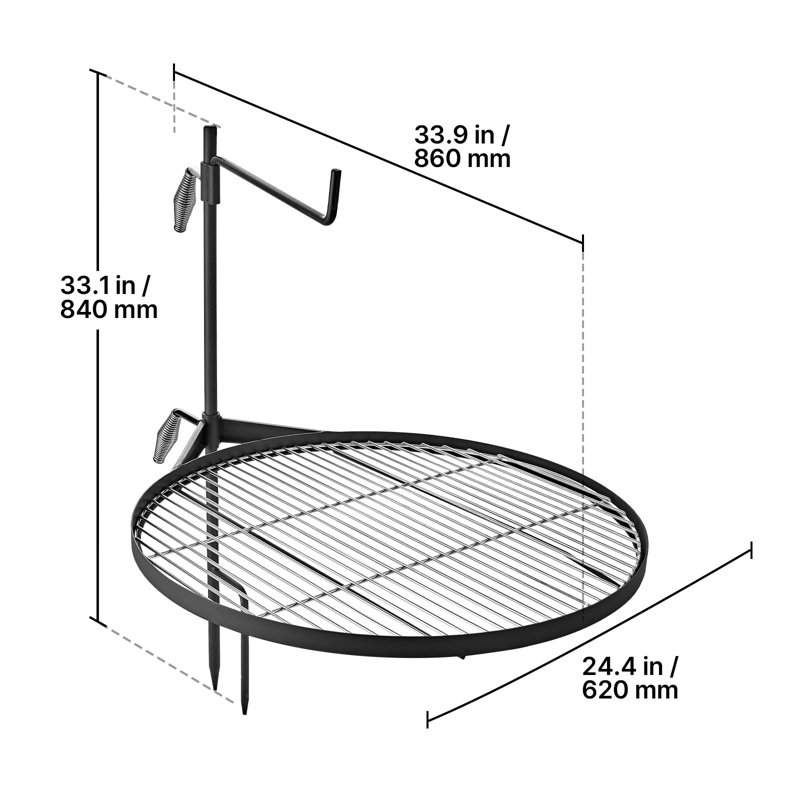 Heavy Duty Swivel Campfire Grill, 24.4" Round Portable Camping Grill Grate, Sturdy Steel BBQ Mesh, 360° Height Adjustable Over Fire Pit with Support Rod, for Outdoor Open Flame Cooking, Black