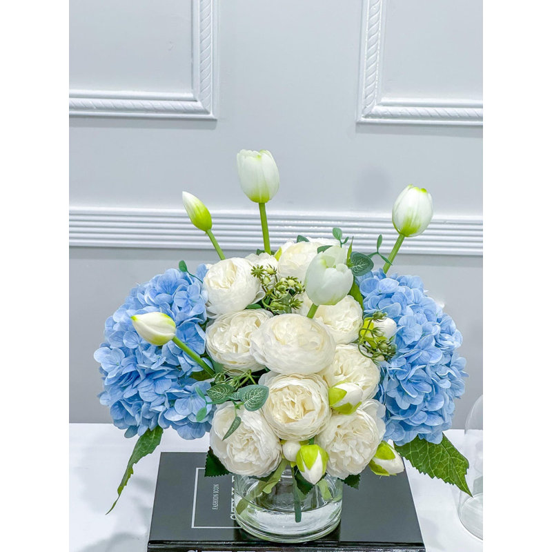 French Country Blue Floral Peony Vase Centerpiece