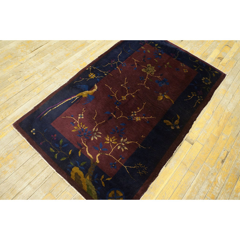 Bold Tree Bird Of Paradise Pattern Small Antique Chinese Deco Rug