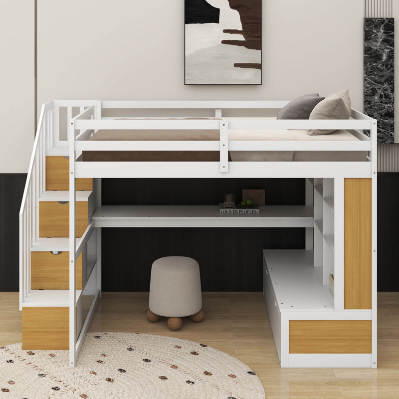 Lit mezzanine double avec bureau, tablettes et tiroirs, Blanc/naturel