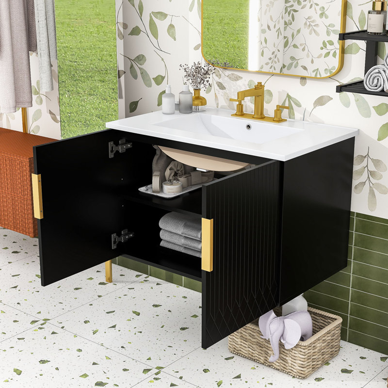 Meuble-lavabo mural moderne avec rangement réglable et lavabo, Noir / blanc