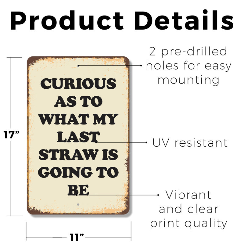 Plaque en plastique Curious quant to My Last Straw 11 po x 17 po, H 11 po x l 17 po x P 0,1 po