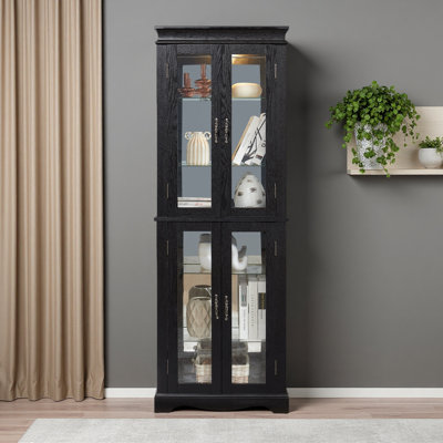 Lighted Glass Curio Display Cabinet With Wood Frame - Elegant Glass Storage For Wine, Toys & Collectibles - Perfect For Living Room