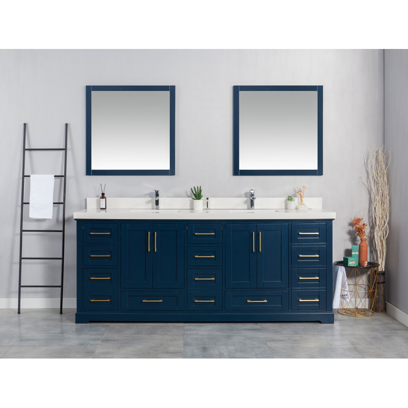 Eser 84'' Double Bathroom Vanity with Top, Straight White Quartz, Navy Blue