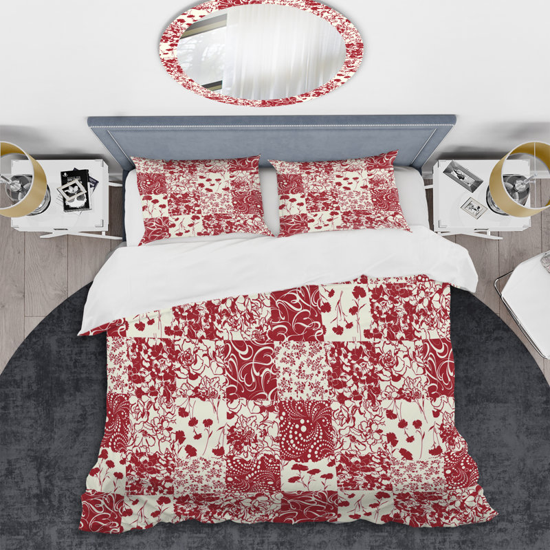Red Flowers Patchwork Abstract Duvet Cover, King Duvet Cover + 2 King Shams