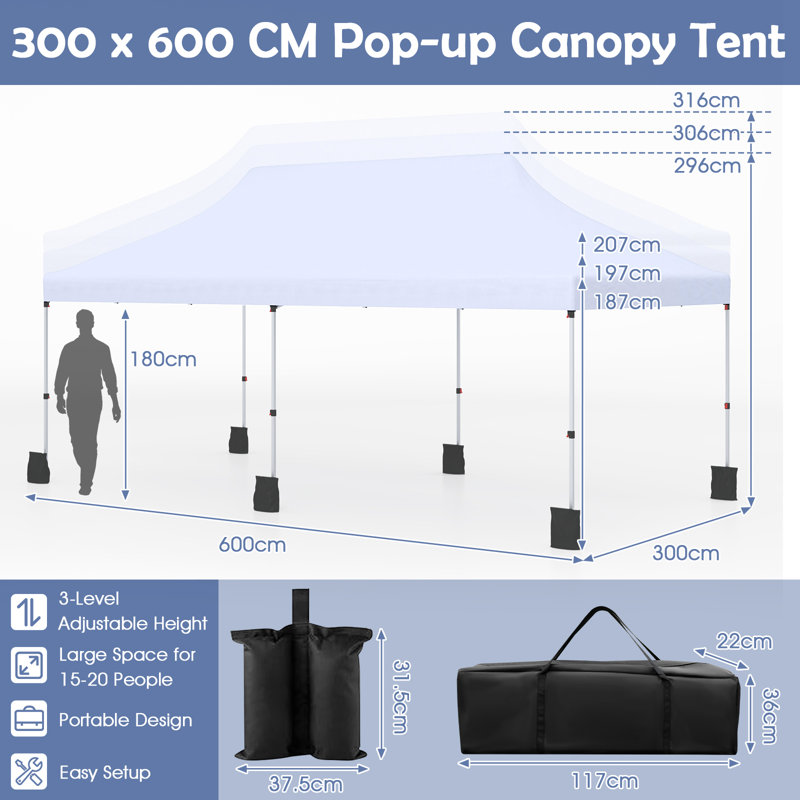 3M X 6M Pop-Up Canopy Tent Folding Instant Sun Shelter W/ Carrying Bag, White