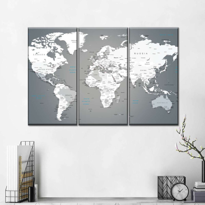 Ensemble de 3 pièces de carte du monde sur toile, H 74 po x l 48 po x P 1,25 po