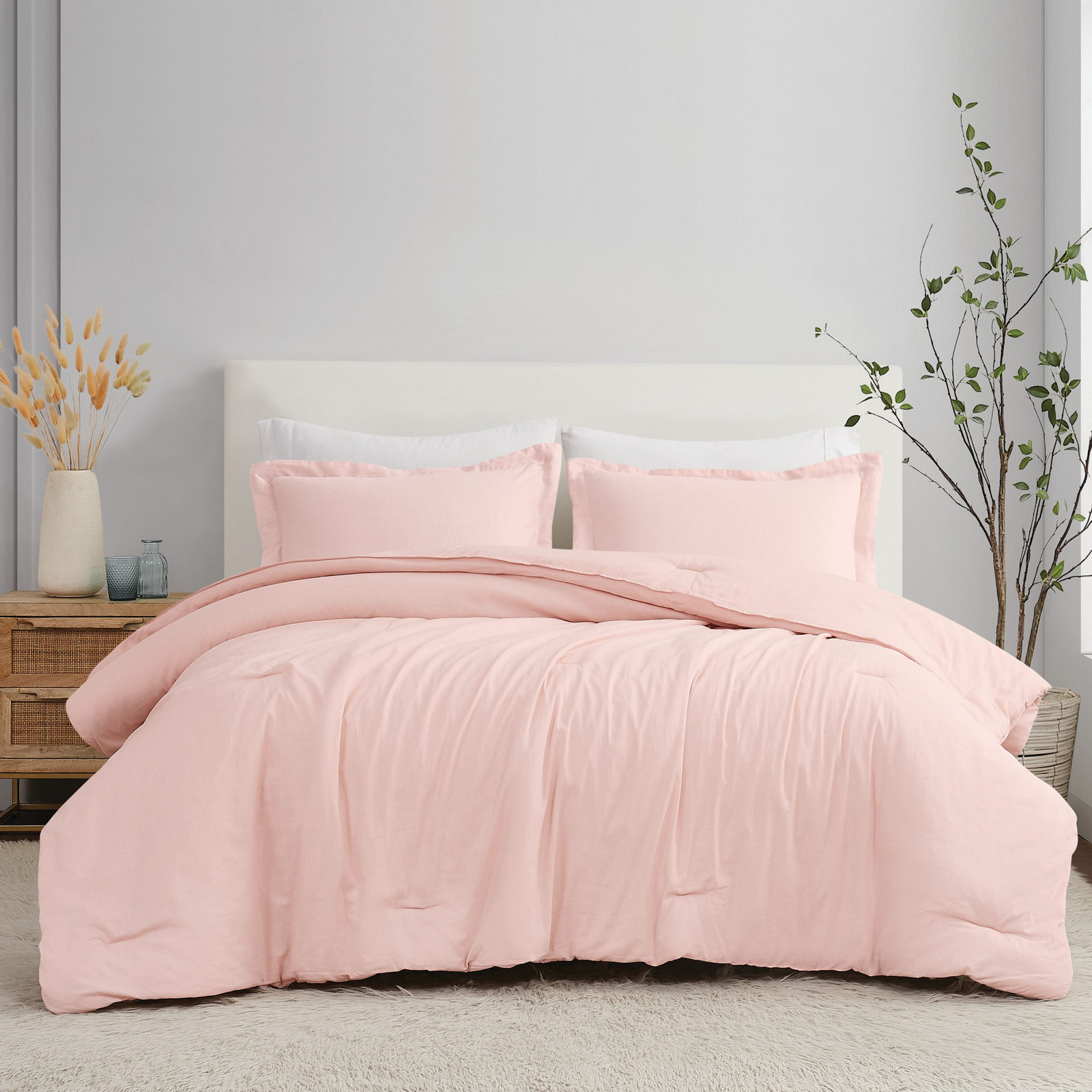 Nena Linen Comforter Set, King Comforter + 2 King Pillow Shams, Blush 