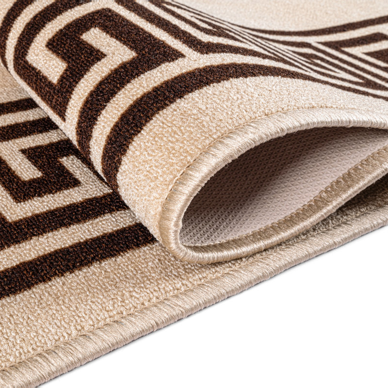 Greek-Key Beige Brown Non-Slip Polypropylene Area Rug — Washable Door Mat & Hallway Runner for Living Room, Kitchen & Bedroom