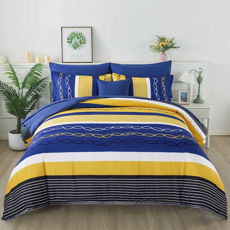Ensemble d'édredon à rayures 8 pièces Boho, Bleu jaune, Édredon grand + 7 articles supplémentaires