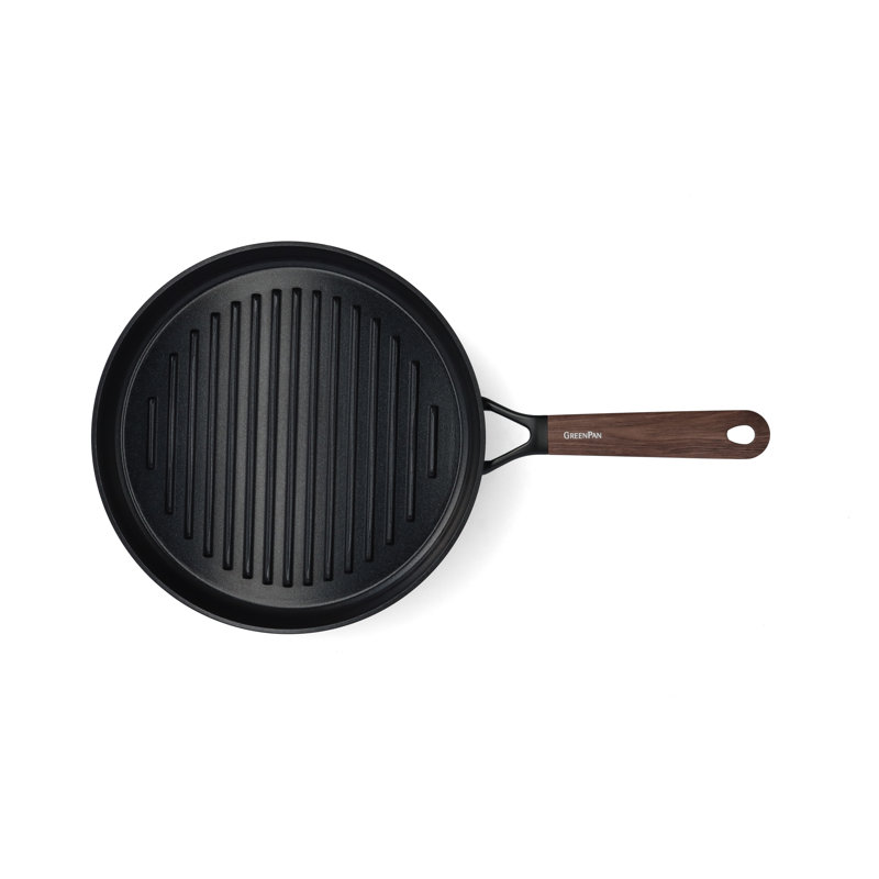 GreenPan Eco Smartsape Round 28cm Non Stick Grill Pan with Light Wood Patterned Handle, Dark Wood