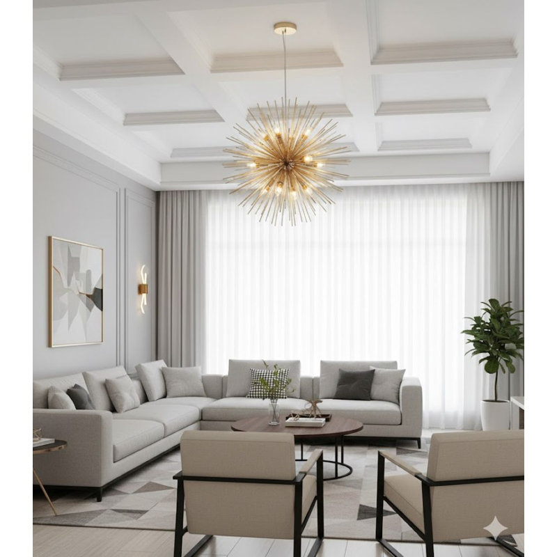 9-Light Brass Iron Chandelier With Aluminum Rods, 27.5" H x 27.5" W x 27.5" D