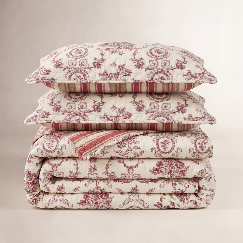 French Medallion Farmhouse / Country Cotton Medallion Quilt, King Quilt + 2 King Shams, Red
