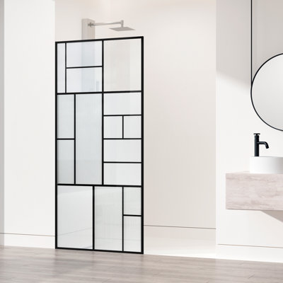 Meridian LineArt Meridian 34 in W x 74 in H Framed Shower Screen in Matte Black with Mixed Glass