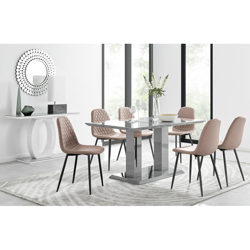 Edzard Pedestal High Gloss Dining Table Set with 6 Faux Leather Dining Chairs, Grey, Cappuccino
