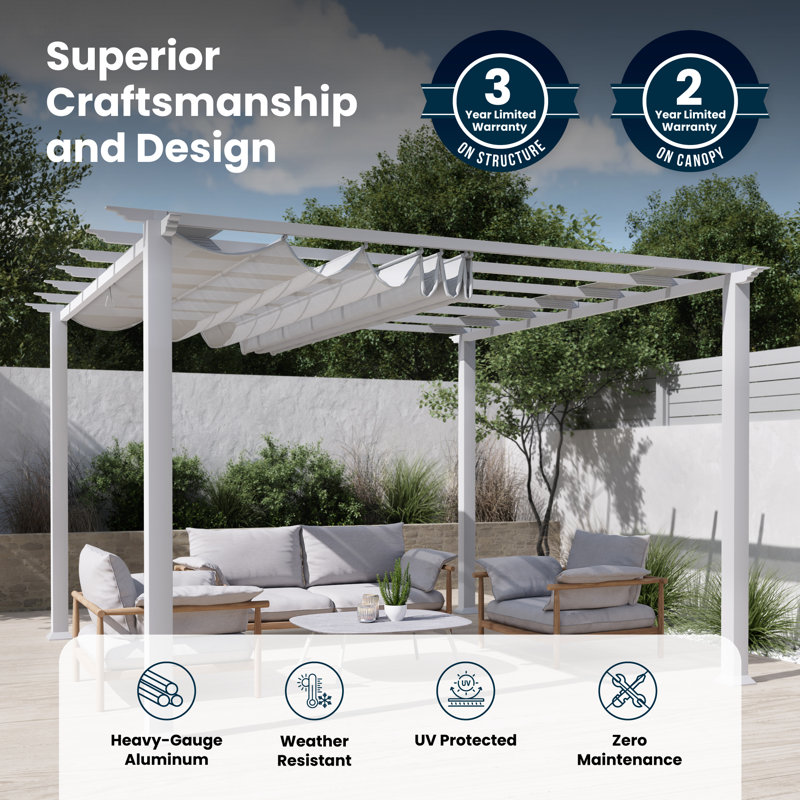 Florence  Aluminum Pergola in Powder-Coated Finish with Adjustable Canopy, 11'x11', White