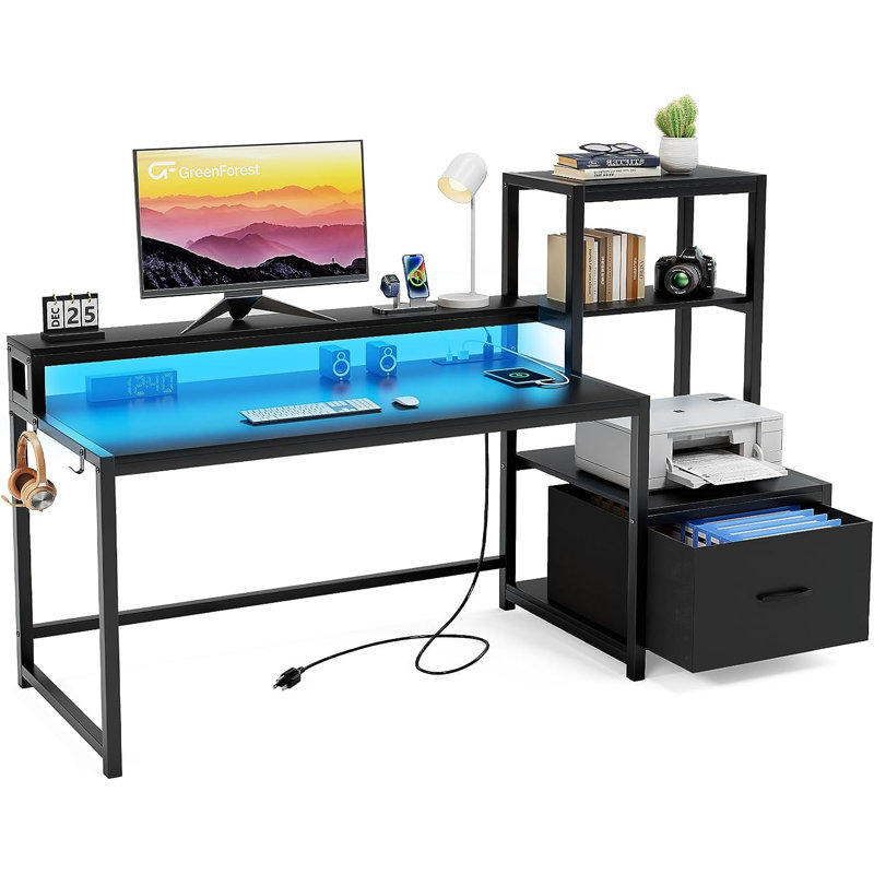 Aliette L-Shaped Metal Base Computer Desk with Power Outlet, Walnut/Black, 29.5" H x 68.89" W x 18.9" D