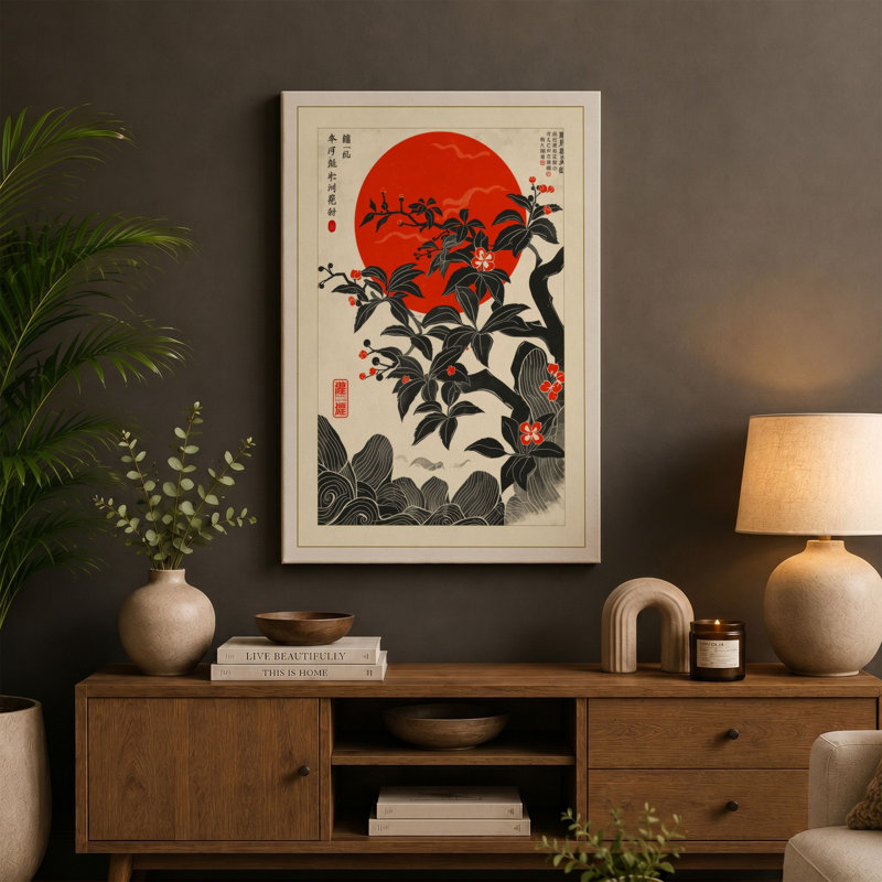 Blossom and Rising Sun Japandi - Wrapped Canvas, 30x20 - 76.2 x 50.8 cm, Terracotta Border