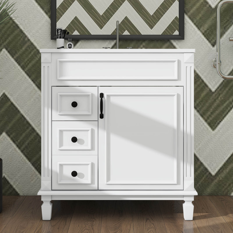 Meuble-lavabo moderne autonome avec lavabo intégré, deux tiroirs de rangement et tablettes réglables, 30", Noir, Blanc