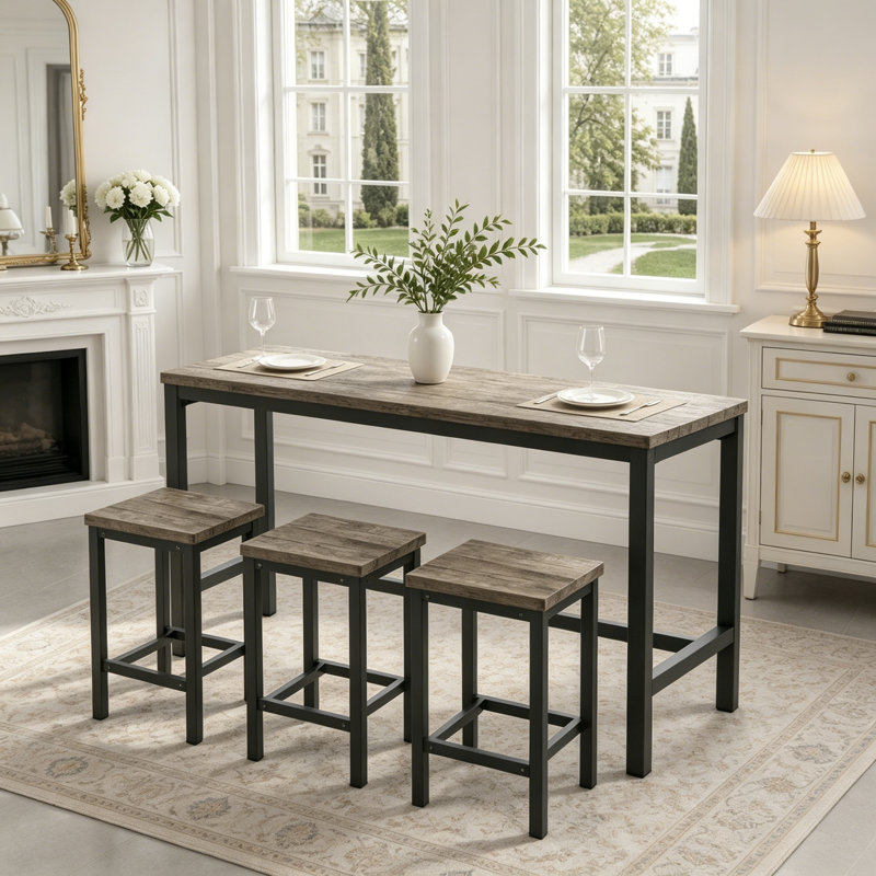 Ensemble de table de salle à manger longue avec 3 tabourets, Gris brun