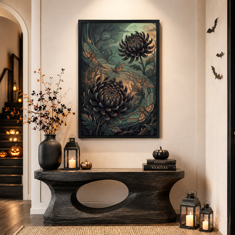 Chrysanthèmes noirs et papillons de nuit dans une forêt au clair de lune - Toile murale d'Halloween, H 30 po x l 20 po