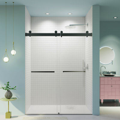 56-60 Inches W *76 Inches H  Frameless Double Sliding Soft-Close Shower Door In Matte Black,3/8 Inches (10Mm) Thick SGCC Tempered Glass  Door