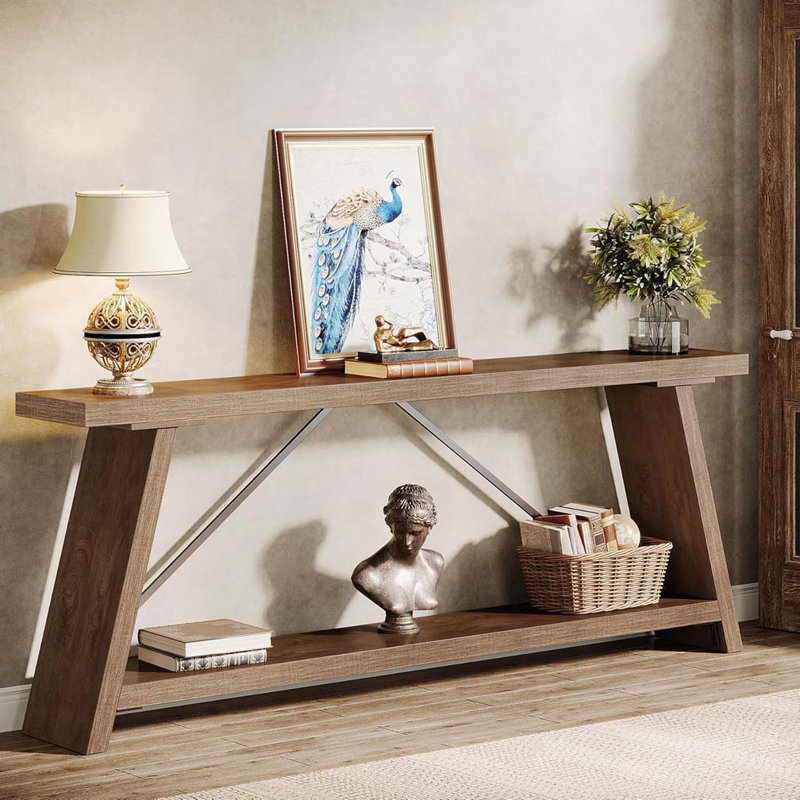 Farmhouse Console Table with 2-Tier Open Storage, Natural Light Brown