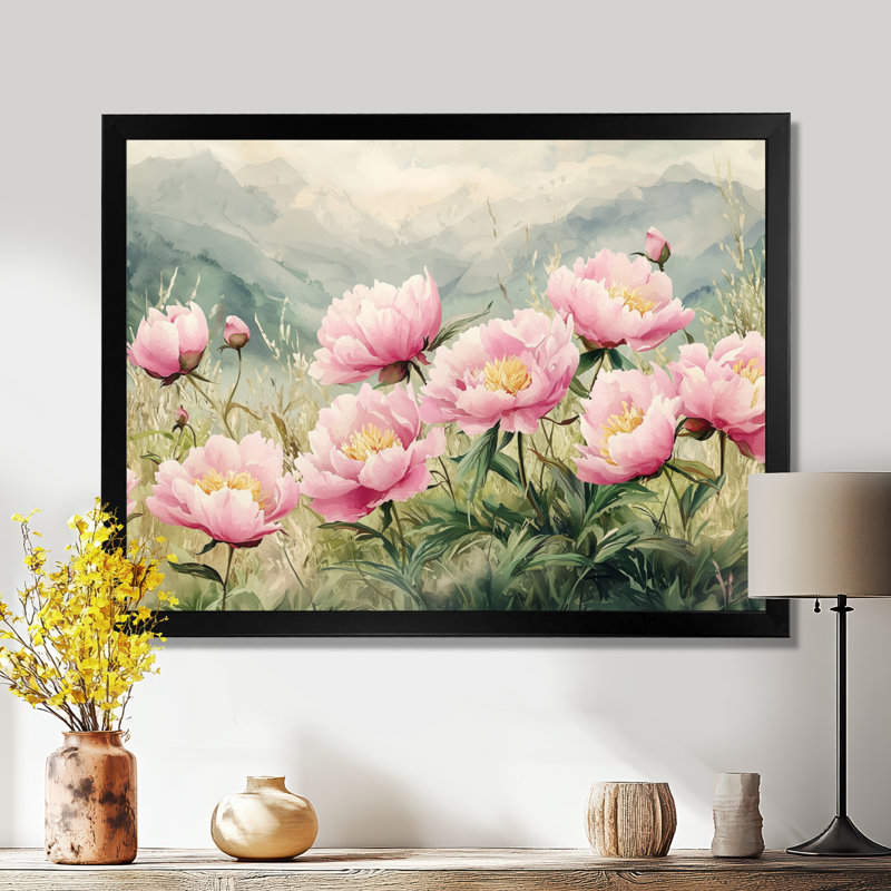 Pe pivoines dans la prairie alpine II - pivoines, art mural sur toile, H 12 po x l 20 po, Noir