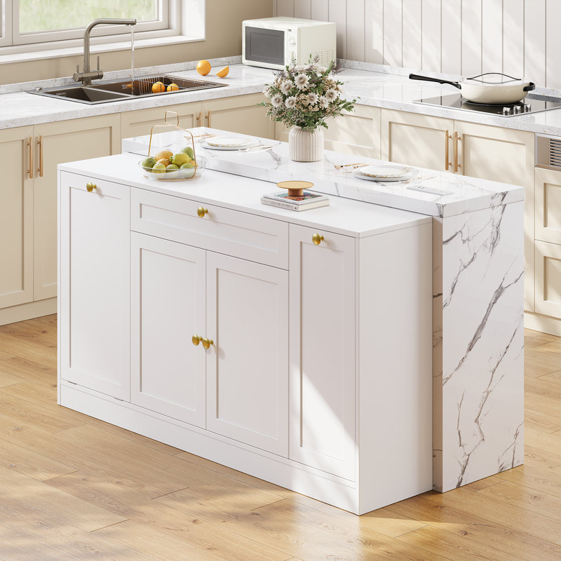 63" Wide Kitchen Island With Power Outlet & Trash Can Cabinet, Split-Level Top Kitchen Cabinet With Pull-Out Spice Rack