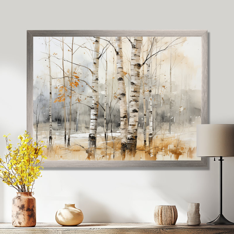 «Winter Birch Wood Forest I - Tree Birch», art mural, Cadre de coin argenté fermé, H 30 po x l 40 po x P 1,5 po
