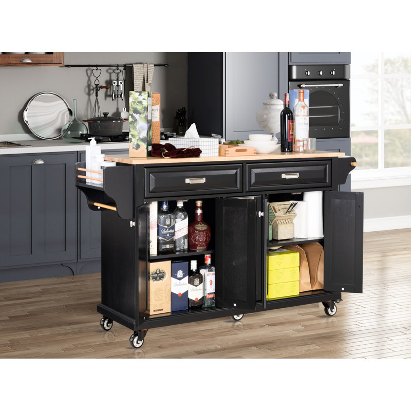 Kitchen Island With Rubber Wood Countertop, Kitchen Cart On 5 Wheels With Storage Cabinet And 2 Top Drawers And A Center Double Layered Storage Drawer