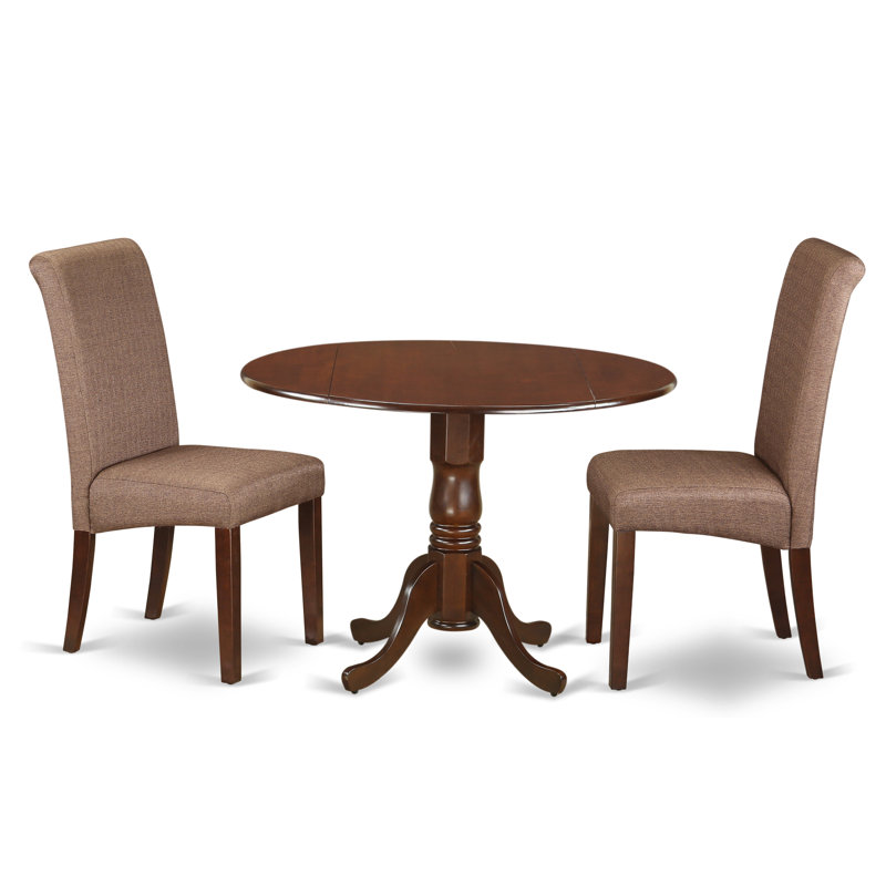 3 Piece Modern Dining Table Set Contains a Round Wooden Table with Dropleaf and 2 Brown Linen Linen Fabric Parsons Dining Chairs, 42x42 Inch, Mahogany