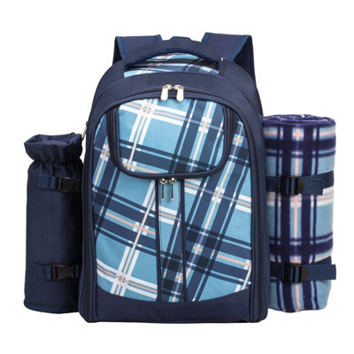 Picnic Backpack Set For 4 With Cooler Compartment,Detachable Bottle/Wine Holder Including Large Picnic Blanket(45"X 53") For Picnic Family And Lovers Gifts,Outdoor,BBQ Time (Blue)