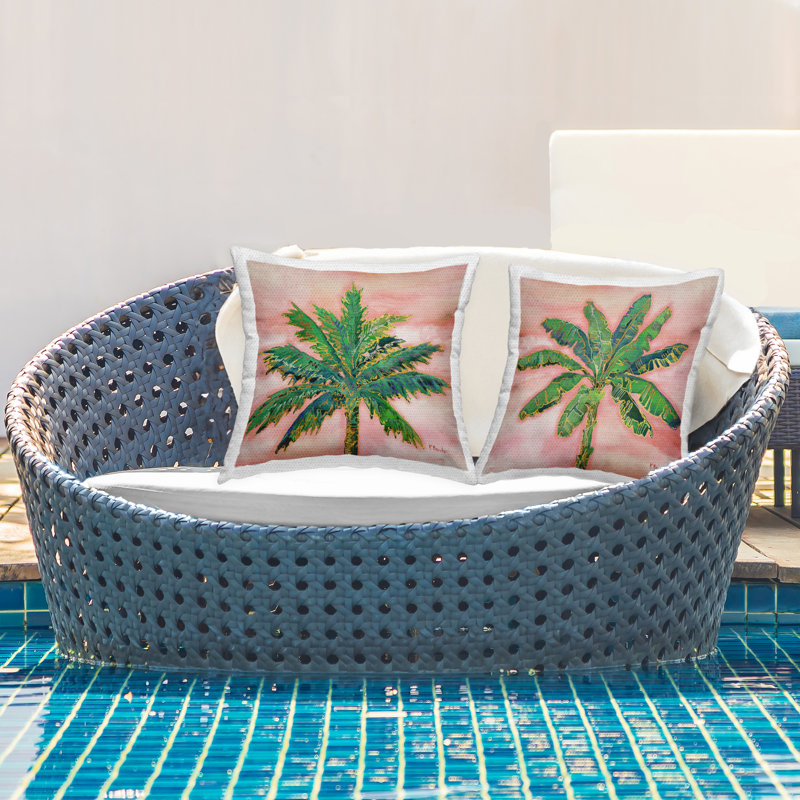 Ensemble de 2 coussins d'extérieur à imprimé tropical de palmiers roses par Paul Brent