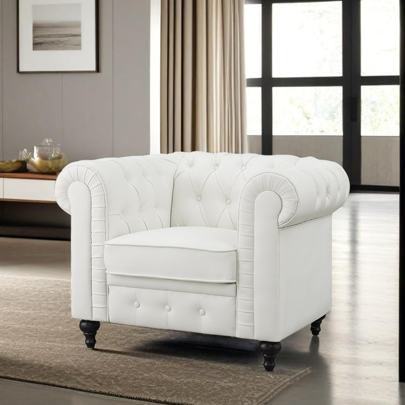 Sanner Mid-Century Chesterfield Accent Chair – Upholstered Armchair with Tufted Back & Wooden Frame, White Faux Leather